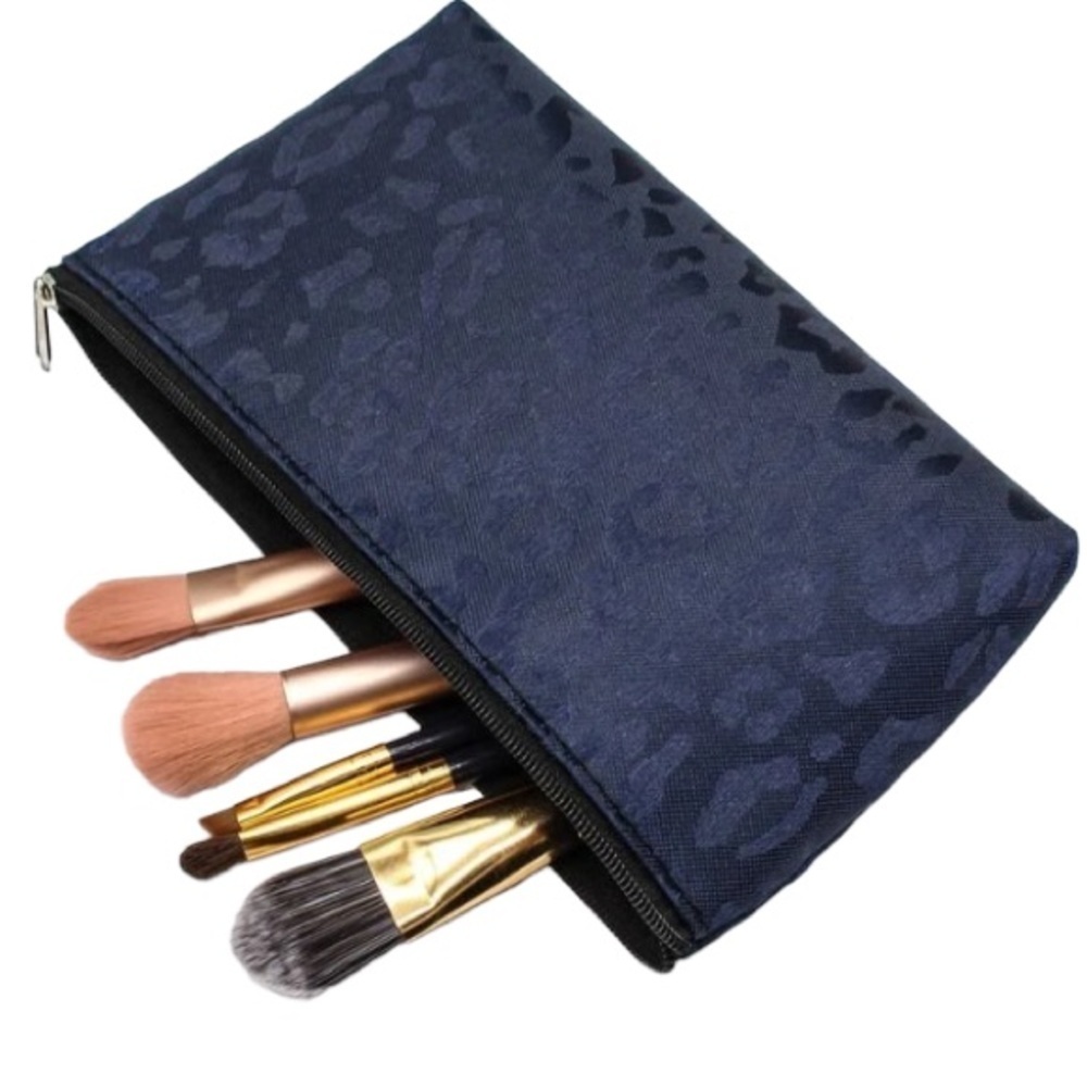 Dark Blue Satin Look Leopard Print Small Makeup / Cosmetics Bag / Clutch​​​​